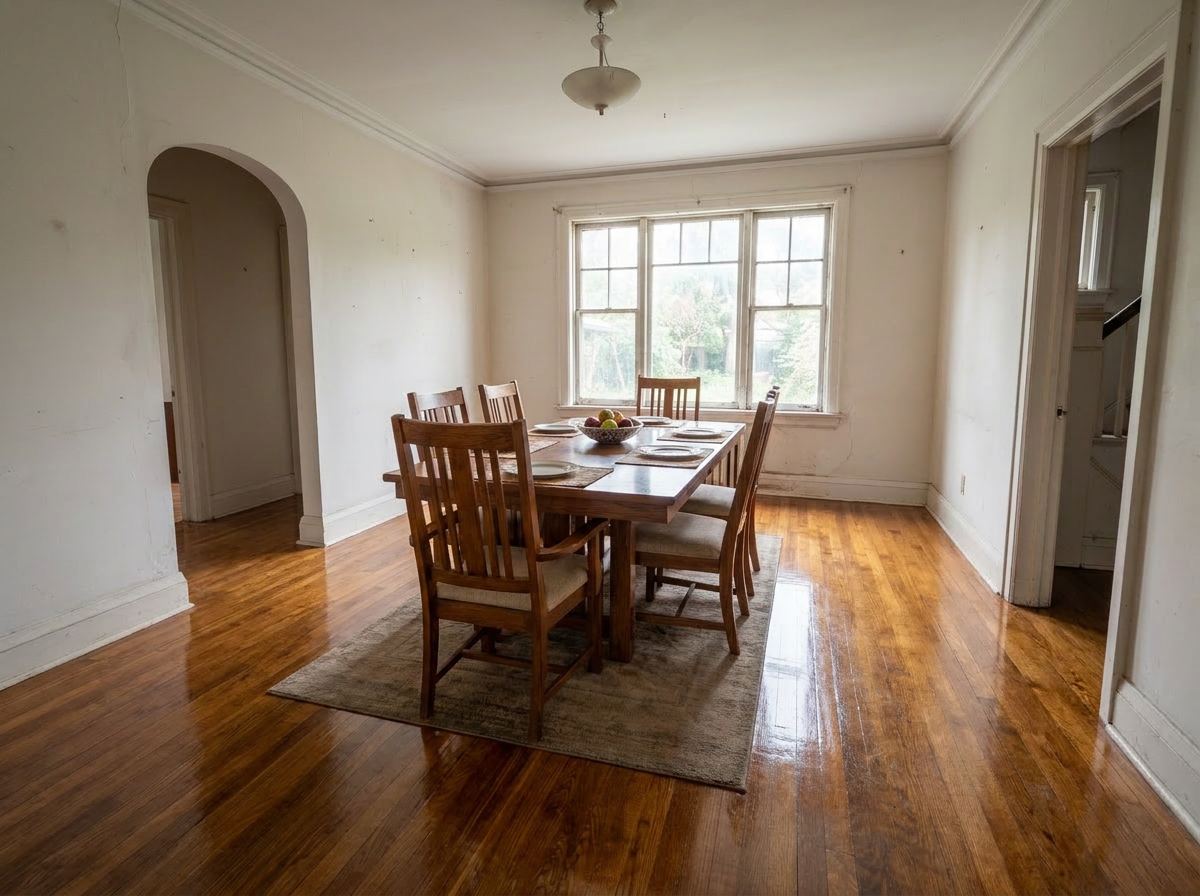 Same dining room hardwood floor after sanding and refinishing, glossy and restored