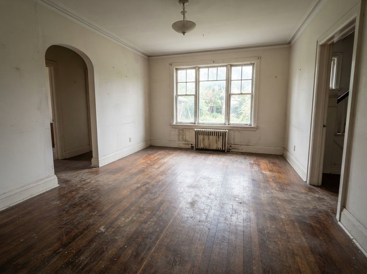 Dining room hardwood floor before sanding and refinishing, worn and dull
