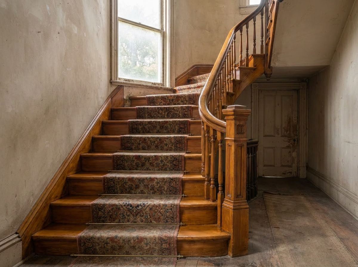 Same wooden staircase after refinishing, glossy and restored steps