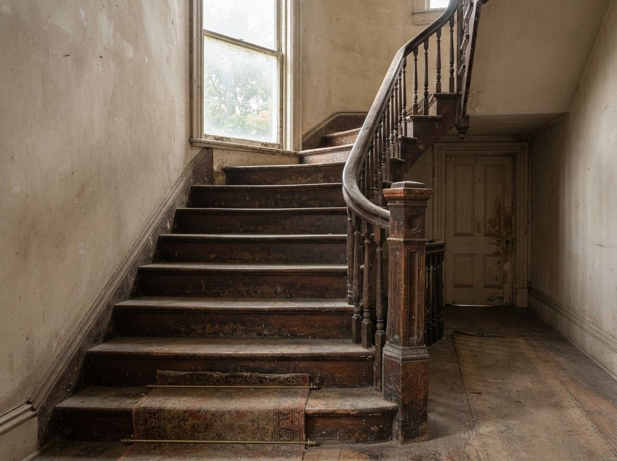 Wooden staircase before refinishing, worn and scratched steps